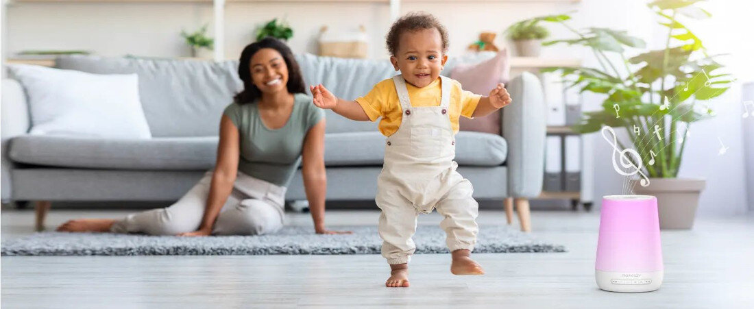 Lampka z odtwarzaczem dźwięków MOMCOZY WN002-WH00BA-A Kojące dźwięki 34 różne dźwięki biały szum odgłosy natury melodie relaksacyjne dostosowanie potrzeby