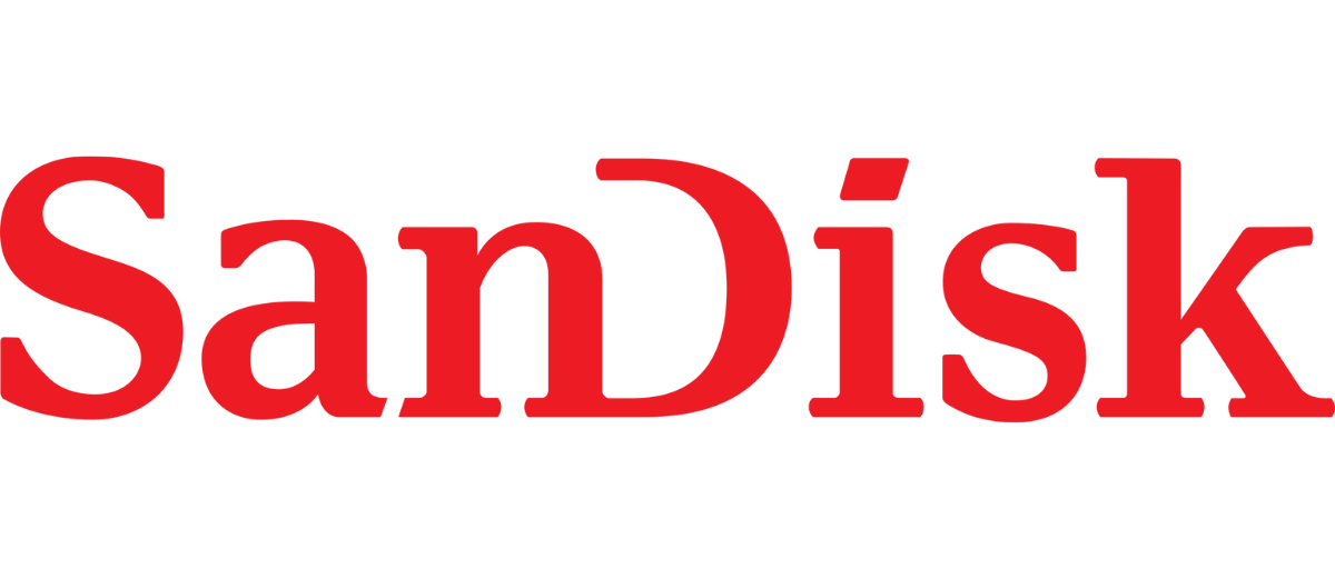 Logo z napisem \'SanDisk\' w czerwonym kolorze na białym tle.