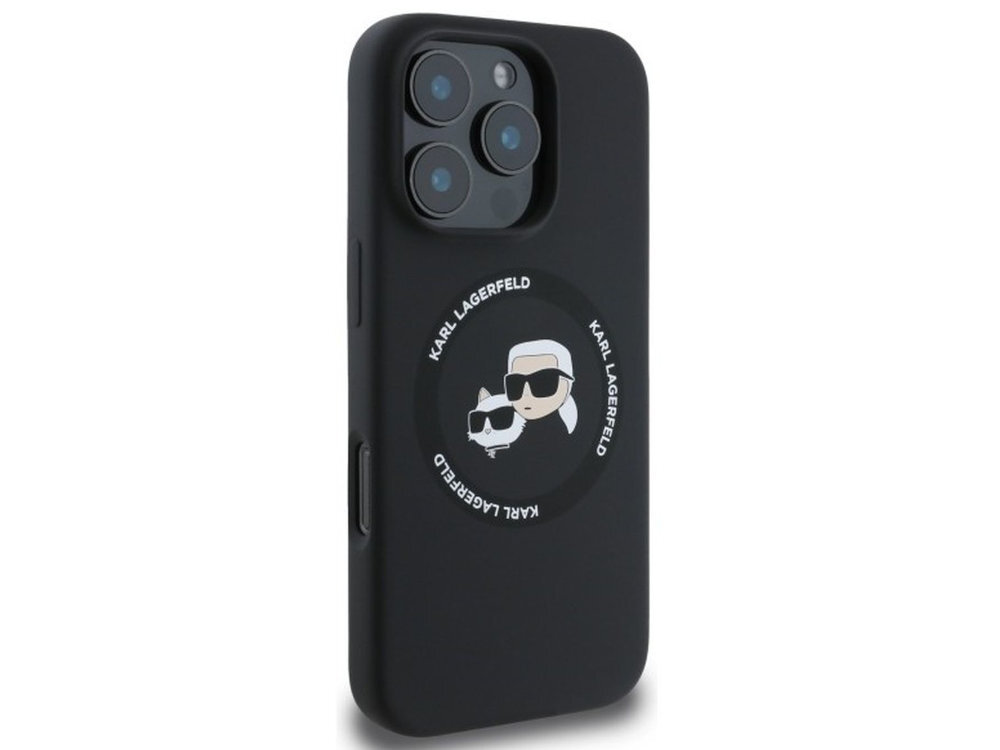 Etui Karl Lagerfeld Silicone Karl&Choupette MagSafe graficznym motywem niemieckiego projektanta i jego kotki Choupette Matowa silikonowa powierzchnia wewnętrzna wyściółka z mikrofibry