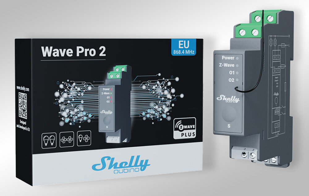 Inteligentny przełącznik SHELLY Wave Pro 2, protokół, częstotliwość, Mhz, kompatybilny, na szarym tle przełącznik wraz z opakowaniem frontem prawo i lewo skos