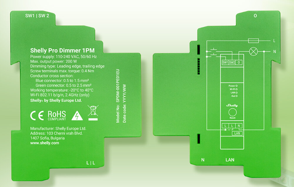 Ściemniacz SHELLY Pro Dimmer 1, platformy, aplikacje, głos, sterowanie, łączność, na zielonym tle ściemniacz od obu stronu z boku