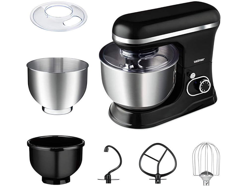 Robot planetarny ZELMER ZKR1355 1200W 2 x misa hak do wyrabiania ciasta końcówka do ubijania mieszadło osłona przeciwko chlapaniu dokumentacja czarny robot końcówki pokrętło srebrne elementy białe tło