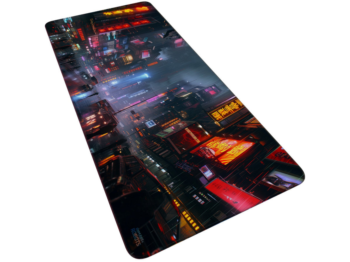 Podkładka HUMANS+ROBOTS podkładki pod mysz i klawiaturę uniwersalny charakte pracujących zdalnie, projektujących grafiki czy intensywnie grającychr trwałej tkaniny i gumy - podkładka od boku na białym tle