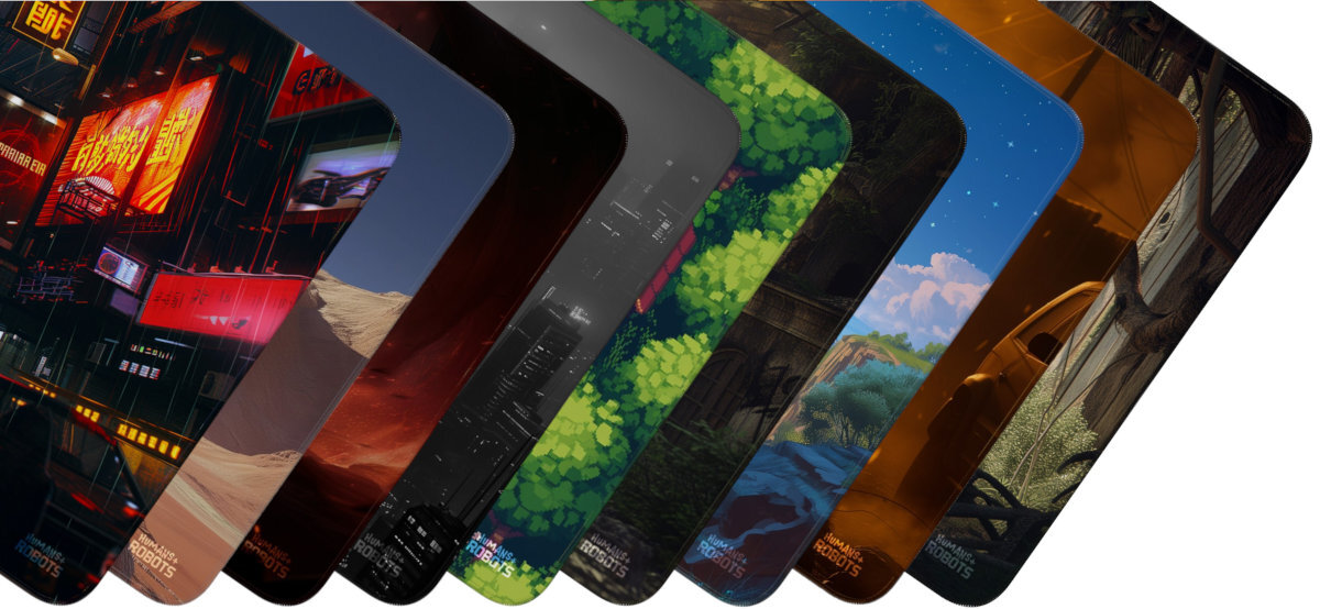 Podkładka HUMANS+ROBOTS 9 wariantach graficznych wysoką jakością wykonania trwałością nadruku - 9 wariantów na białym tle