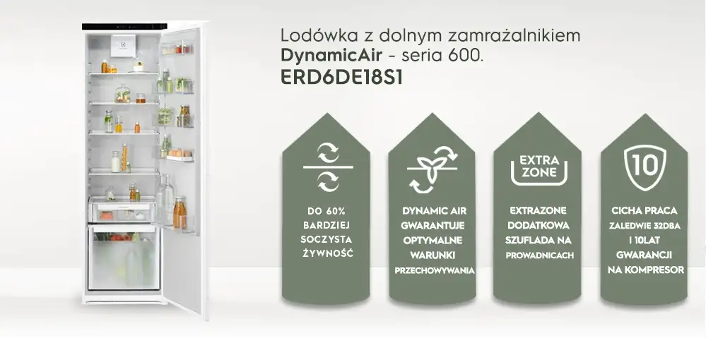 Obraz przedstawia otwartą lodówkę z dolnym zamrażalnikiem, wypełnioną różnymi produktami spożywczymi. Obok lodówki znajdują się cztery ikony z tekstami: \'DO 60% BARDZIEJ SOCZYSTA ŻYWNOŚĆ\', \'DYNAMIC AIR GWARANTUJE OPTYMALNE WARUNKI PRZECHOWYWANIA\', \'EXTRA ZONE DODATKOWA SZUFLADA NA PROWADNICACH\', \'CICHA PRACA ZALEDWIE 32DBA I 10 LAT GWARANCJI NA KOMPRESOR\'.
