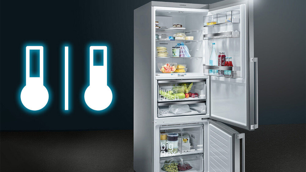LODÓWKA SIEMENS KF96DAXEA MD Otwarta lodówka Siemens z podświetlonym wnętrzem i ikonami symbolizującymi precyzyjną kontrolę temperatury. Widoczne są szuflady hyperFresh oraz duża pojemność chłodziarki i zamrażarki separate control niezależna regulacja temperatury dwie strefy
