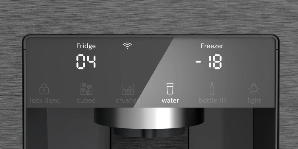 LODÓWKA BOSCH KFI96AXEA MD panel czarne szkło sterowanie temperatura funkcje dotykowy panel interfejs na drzwiach wygoda elegancja łatwo szybko regulacja temperatury funkcji aktywacja szybkiego mrożenia chłodzenia