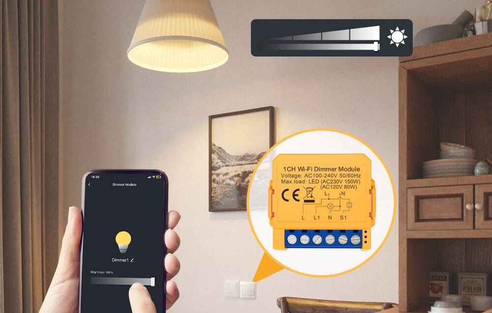 Osoba trzyma smartfon z aplikacją do sterowania oświetleniem, na ekranie widoczny jest suwak jasności. Obok znajduje się powiększony obraz modułu 1CH Wi-Fi Dimmer Module z opisem technicznym.