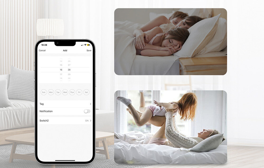Na obrazie widać smartfon z aplikacją do zarządzania urządzeniami, obok zdjęcia przedstawiające osoby w łóżku oraz bawiące się na łóżku. Na ekranie telefonu widoczne są opcje ustawień z tekstem: \'Cancel\', \'Add\', \'Save\', \'Tag\', \'Notification\', \'Switch2\'.