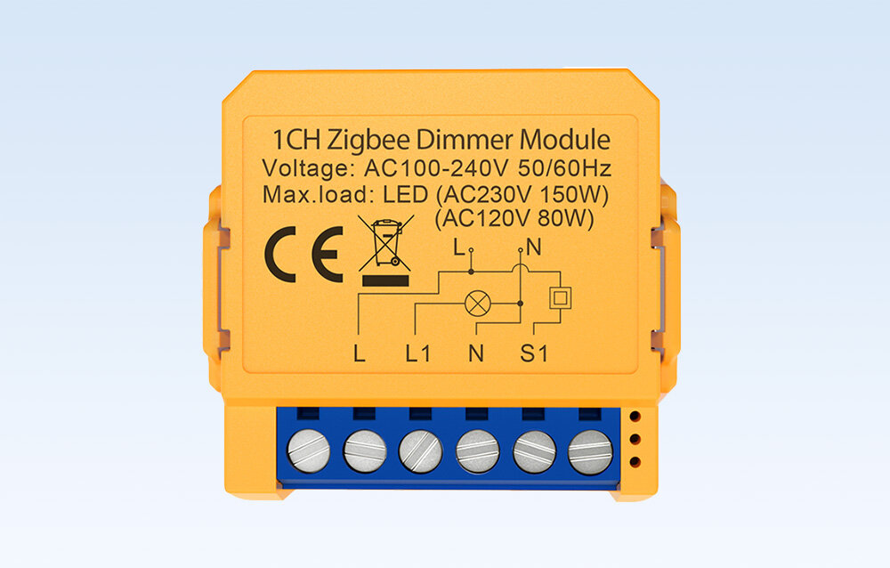 Pomarańczowy moduł ściemniacza Zigbee z oznaczeniami technicznymi: \'1CH Zigbee Dimmer Module\', \'Voltage: AC100-240V 50/60Hz\', \'Max.load: LED (AC230V 150W) (AC120V 80W)\'. Widoczne są symbole CE i przekreślonego kosza oraz schemat podłączenia z oznaczeniami L, N, S1.