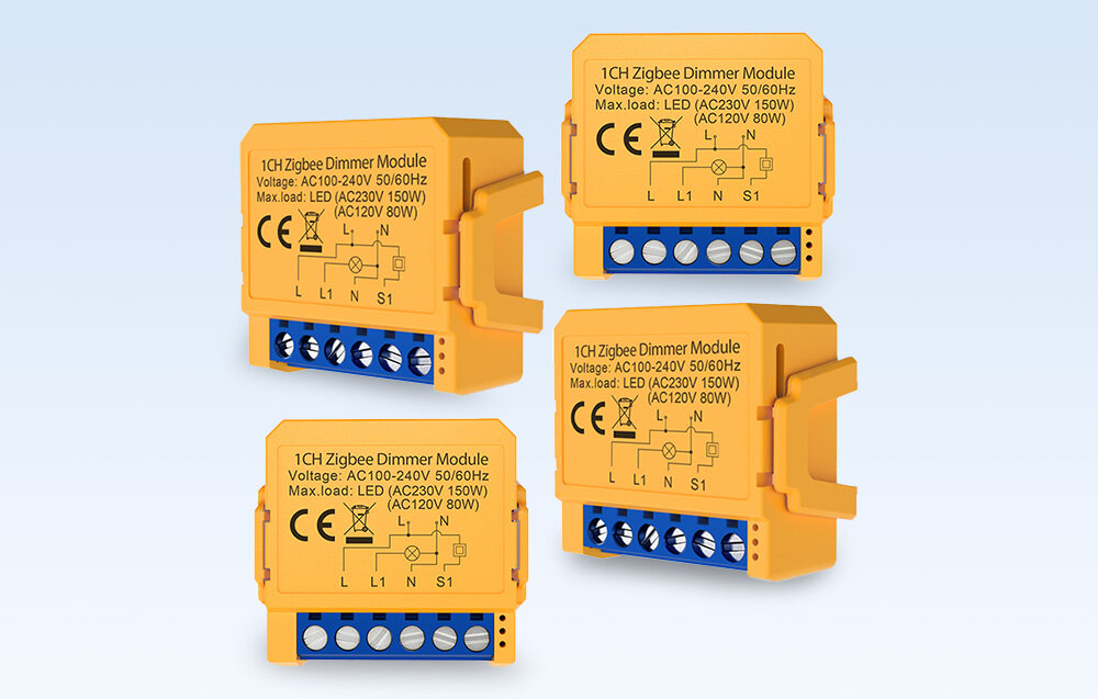 Na obrazie widoczne są cztery żółte moduły 1CH Zigbee Dimmer Module z oznaczeniami CE i specyfikacją: Voltage: AC100-240V 50/60Hz, Max.load: LED (AC230V 150W) (AC120V 80W). Moduły mają niebieskie złącza z oznaczeniami L, N, L1, N, S1.