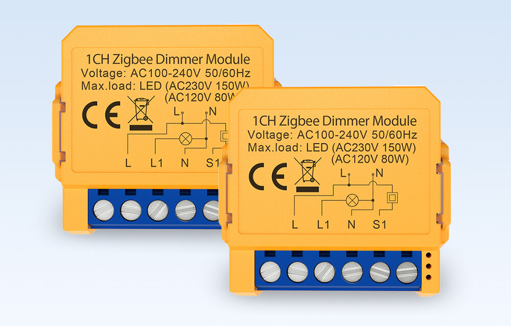 Na obrazie widoczne są dwa żółte moduły ściemniacza Zigbee z oznaczeniami: \'1CH Zigbee Dimmer Module\', \'Voltage: AC100-240V 50/60Hz\', \'Max.load: LED (AC230V 150W) (AC120V 80W)\'. Moduły mają symbole CE i schemat podłączenia z oznaczeniami L, N, L1, N1, S1.