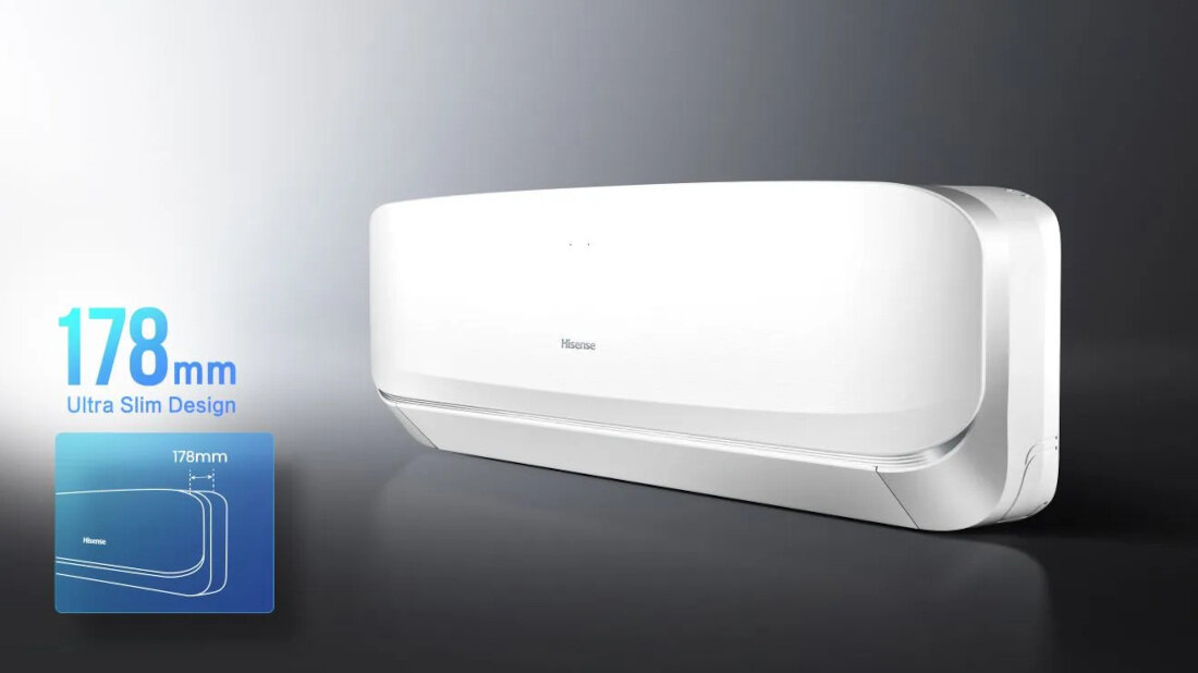 Klimatyzator Split, Pompa ciepła powietrze - powietrze HISENSE Fresh Air QJ25XJ3AG AS25XJ3EW 2.5 KW Dopasowanie do wnętrza biała kolorystyka wygląd proste linie ultracienka obudowa łatwy montaż