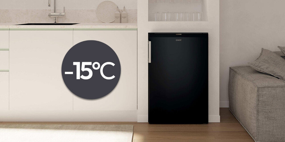 Zamrażarka CANDY CUQS 58EBH ikona temperatura zdjęcie lifestyle front zamknięta zabudowa zlew szklanki działanie w chłodzie chłodniejsze pomieszczenia do -15°C garaże piwnice kuchnie niezawodna praca