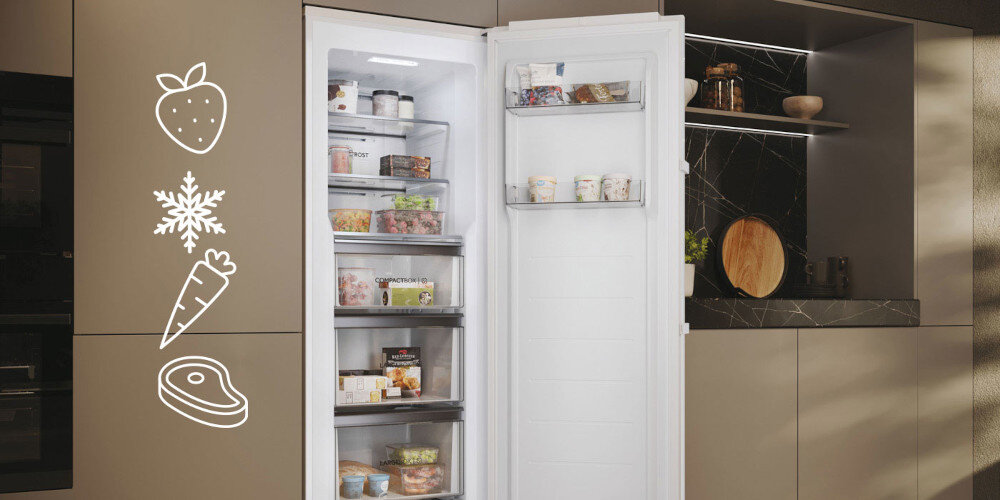 ZAMRAŻARKA HAIER H4F272WEH1 ikona grafika warzywa owoce otwarta front Szybkie mrożenie Super-Freeze błyskawiczne obniżanie temperatury krótki czas długotrwała świeżość