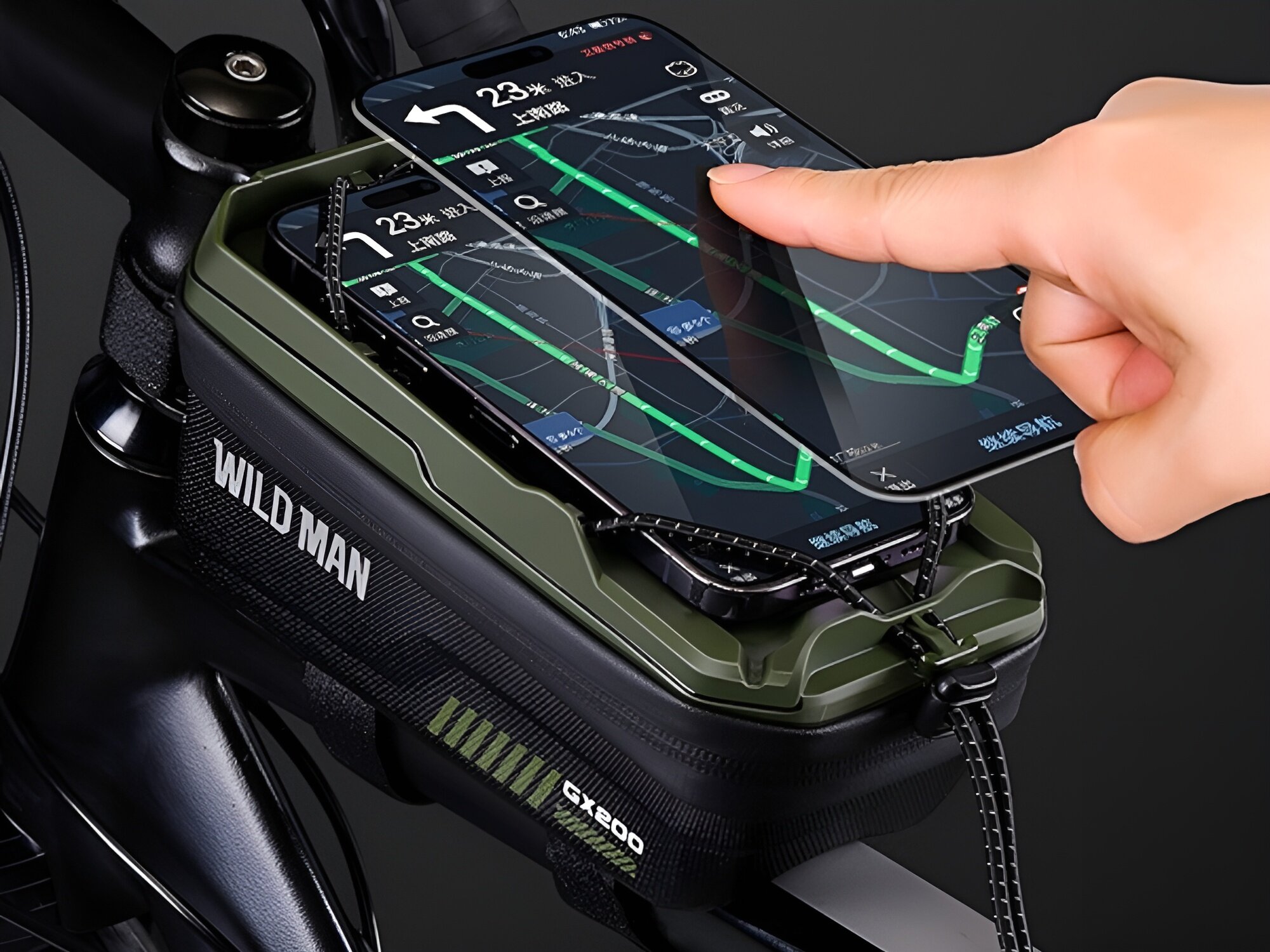 Torba rowerowa na ramę WILDMAN GX200
            torba rowerowa z przymocowanym telefonem uchwyt urządzenie paski mocujące nawigacja