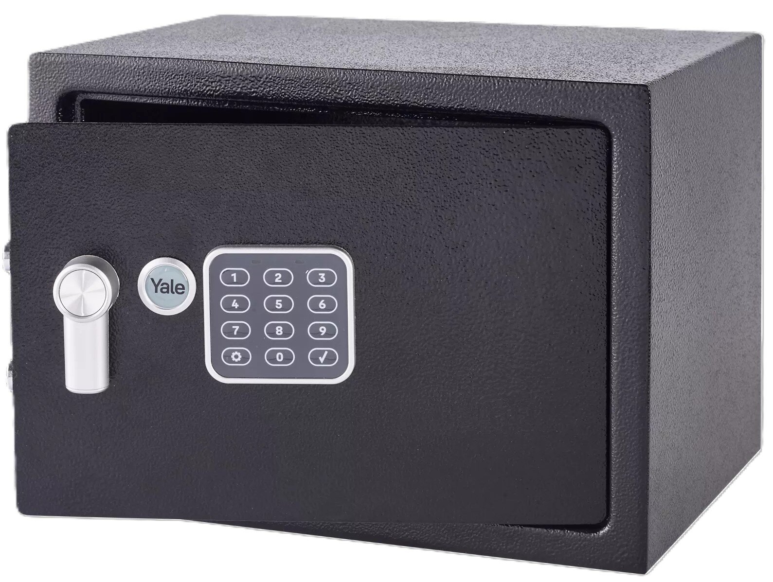 Sejf YALE YEC 250 DB2, PIN, KLucz, blokada, kombinacje, Sejf stoi pionowo frontem prawo skos na białym tle