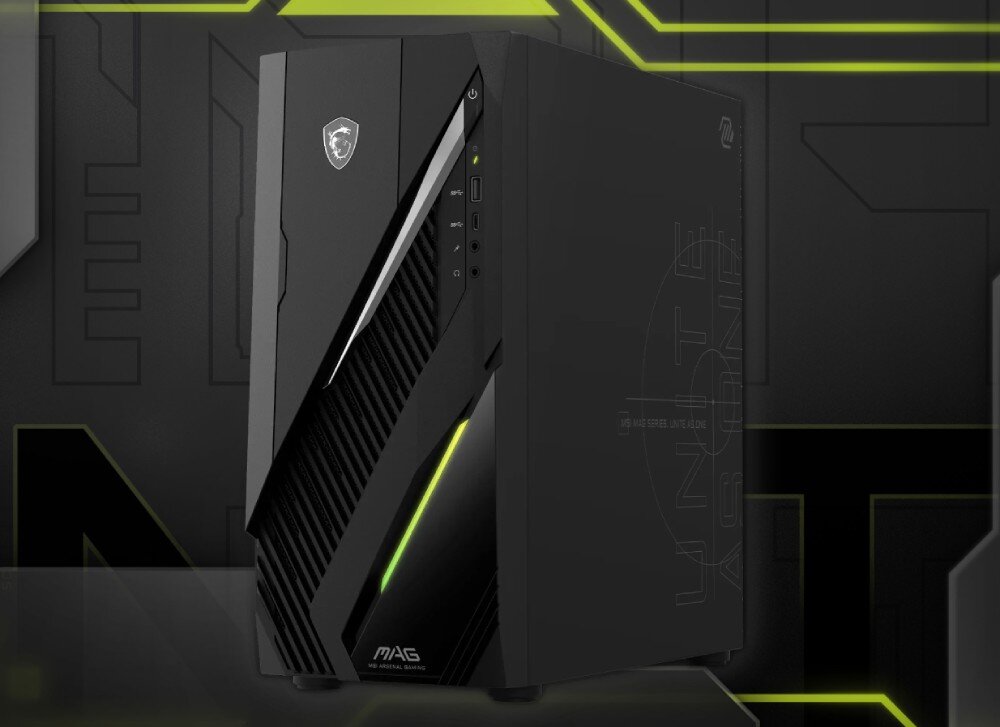 Komputer MSI MAG Infinite E1 14NUC5-022EU Komputer stacjonarny w ciemnej obudowie z podświetleniem LED w kolorze zielonym, widok z przodu i z boku, w tle graficzne wzory w odcieniach czerni i zieleni, opis