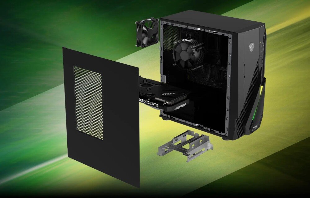 Komputer MSI MAG Infinite E1 14NUC5-022EU Komputer stacjonarny w rozłożonej formie, z widocznymi podzespołami wewnętrznymi takimi jak karta graficzna, wentylator i ramka montażowa, na tle zielono-żółtej smugi światła, rozbudowa, modernizacja