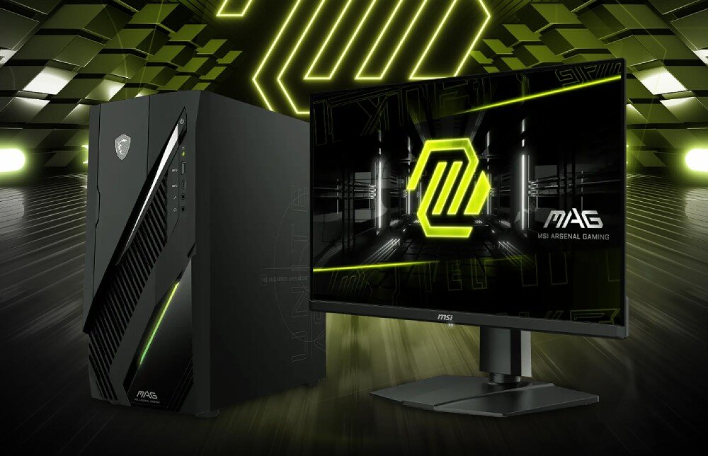 Komputer MSI MAG Infinite E1 14NUC5-022EU Komputer stacjonarny obok monitora wyświetlającego logo MSI MAG, całość na tle dynamicznej, zielonej grafiki z geometrycznymi wzorami, cechy, zalety