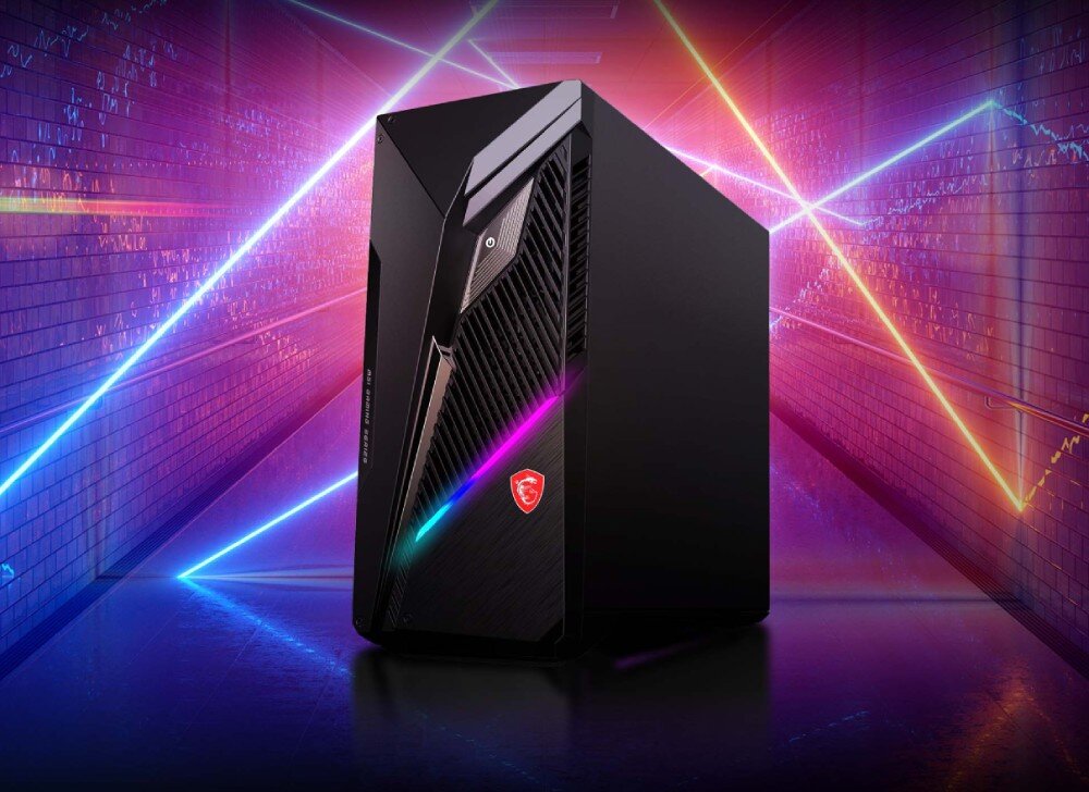 Komputer MSI MAG Infinite S3 12BTA-1614EU Czarny komputer stacjonarny z podświetleniem RGB z przodu, ustawiony w kolorowym, neonowym tunelu z laserowymi światłami, opis