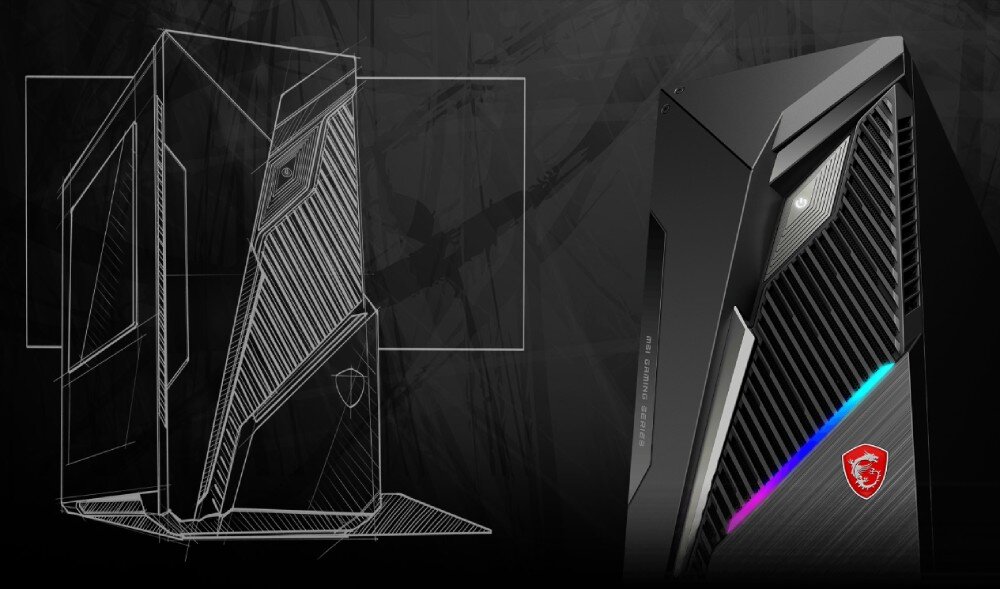 Komputer MSI MAG Infinite S3 12BTA-1614EU Po lewej stronie szkic komputerowej obudowy, po prawej gotowy produkt z ostrymi liniami, dużymi otworami wentylacyjnymi i podświetlanym logiem w dolnej części, wygląd, styl, wentylacja, podświetlenie