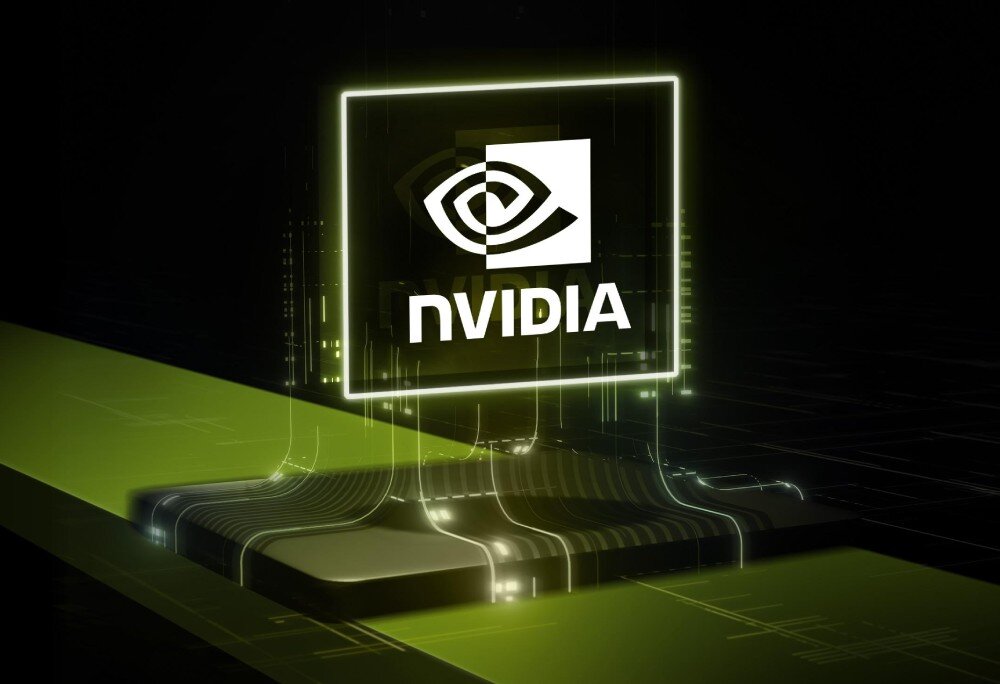 Komputer MSI MAG Infinite S3 12BTA-1614EU Zielone, cyfrowe tło z wyśrodkowanym, świecącym logotypem NVIDIA unoszącym się nad stylizowanym układem scalonym, karta graficzna, wydajność, Ray Tracing