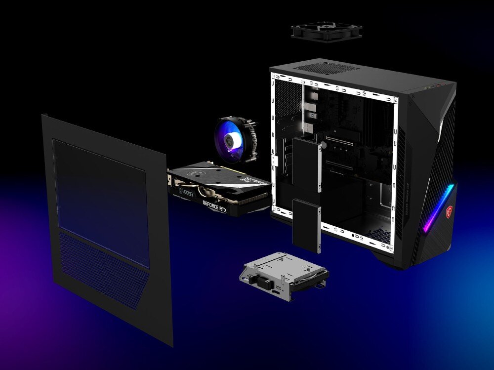 Komputer MSI MAG Infinite S3 12BTA-1614EU Komputer z przezroczystym panelem bocznym pokazany w rozłożonej formie, z osobno przedstawionymi elementami jak karta graficzna, wentylator i dysk, rozbudowa, modernizacja