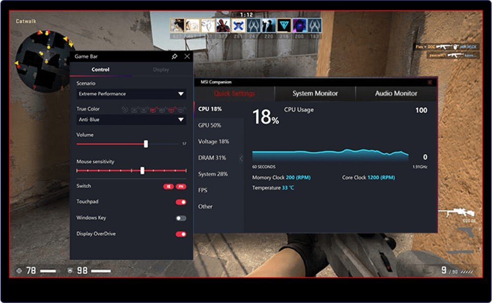 Komputer MSI MAG Infinite S3 12BTA-1614EU Ekran gry FPS z otwartym panelem sterowania, pokazującym statystyki zużycia CPU i inne ustawienia systemowe nałożone na grę, aplikacja, funkcje, narzędzia