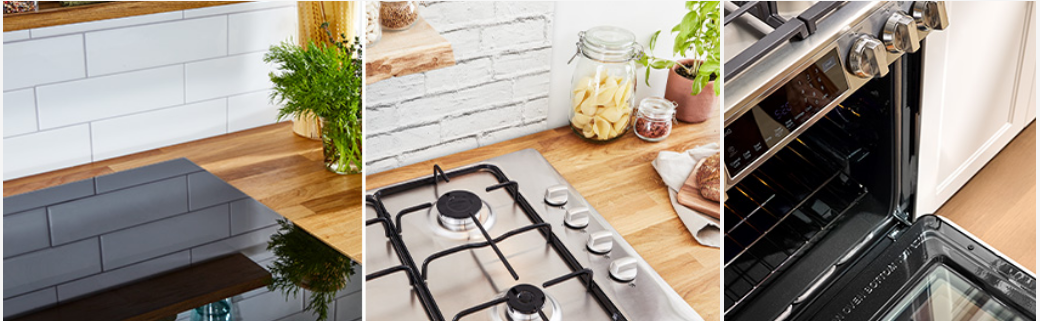 Trzy zdjęcia przedstawiają kuchnię z drewnianymi blatami. Widać płytę indukcyjną, kuchenkę gazową z czterema palnikami i otwarty piekarnik.