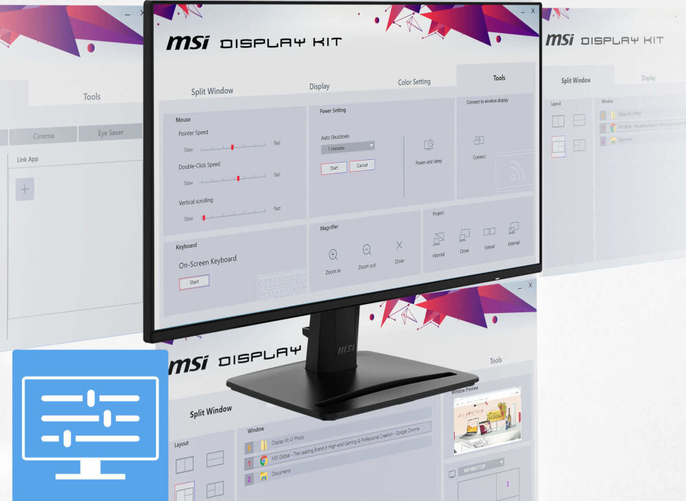 Monitor MSI Pro MP271A E2 27 cali 1920x1080px IPS 120Hz 1 ms [MPRT] prezentacja monitora i jego oprogramowania MSI Display Kit kontrola ustawień upraszcza codzienną pracę podział ekranu wielozadaniowość efektywność pracy na jednym monitorze