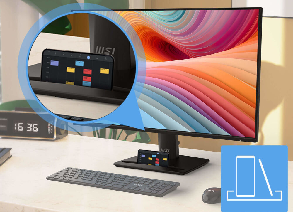 Monitor MSI Pro MP271A E2 27 cali 1920x1080px IPS 120Hz 1 ms [MPRT] prezentacja monitora w pokoju zbliżenie na gniazdo na rysik stojak na telefon podgląd powiadomień szybki montaż demontaż klips