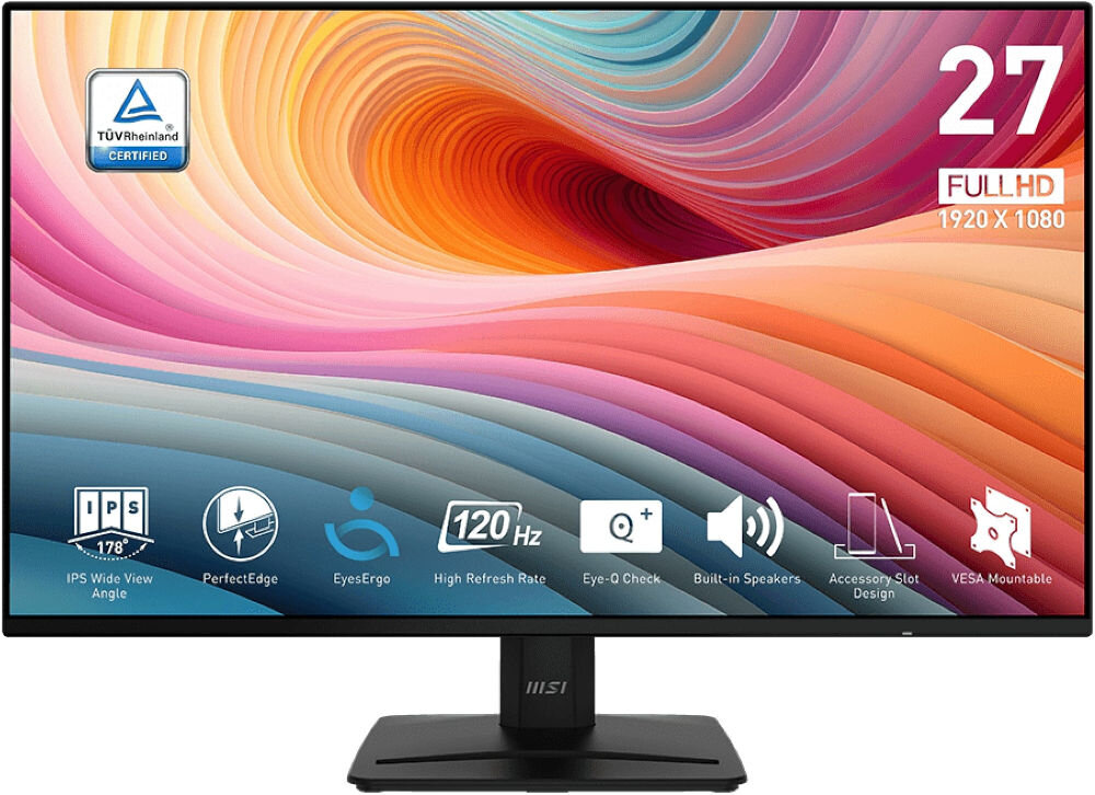 Monitor MSI Pro MP271A E2 27 cali 1920x1080px IPS 120Hz 1 ms [MPRT] prezentacja monitora na białym tle od przodu rozmiar rozdzielczość Full HD IPS wygodna praca szerokie kąty widzenia 178° stała jakość obrazu odwzorowanie kolorów komfort podczas pracy