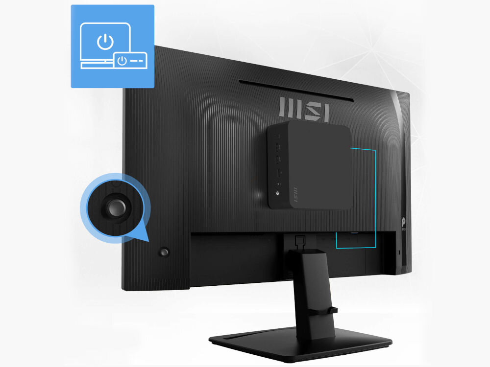 Monitor MSI Pro MP271A E2 27 cali 1920x1080px IPS 120Hz 1 ms [MPRT] prezentacja funkcji MSI Power Link włączanie komputera typu mini-PC MSI z poziomu przycisku zasilania monitora HDMI™ CEC uproszczenie codziennej obsługi uporządkowana przestrzeń