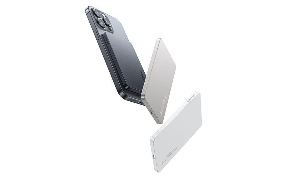 Powerbank indukcyjny USAMS US-CD231 5000 mAh powerbank w trzech kolorach na bialym tle, urzadzenia, ladowanie, moc,