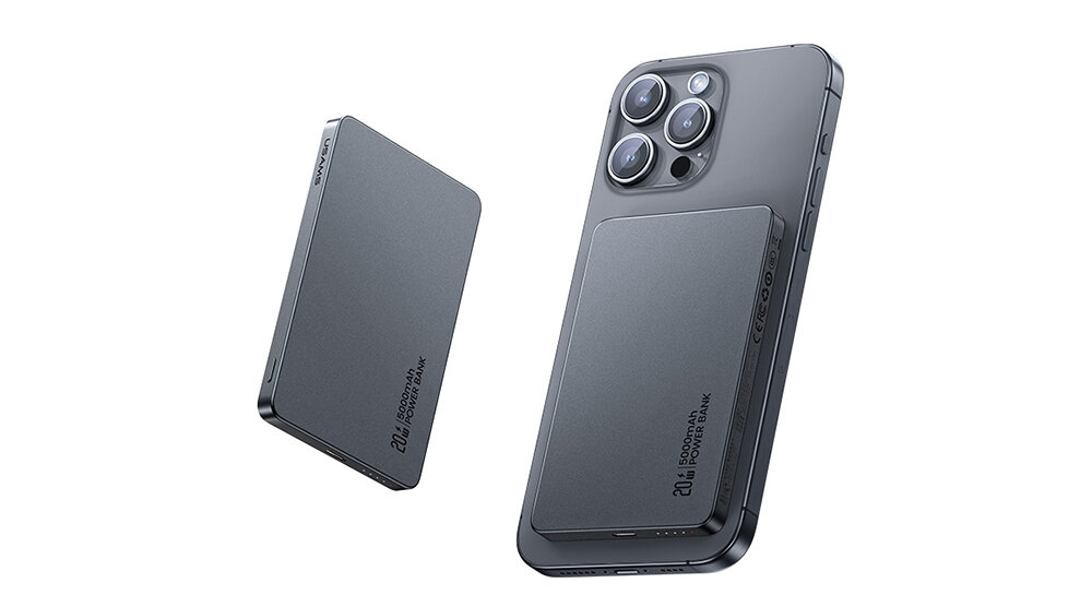 Powerbank indukcyjny USAMS US-CD231 5000 mAh powerbank na bialym tle, bezprzewodowo i przewodowo, port, moc