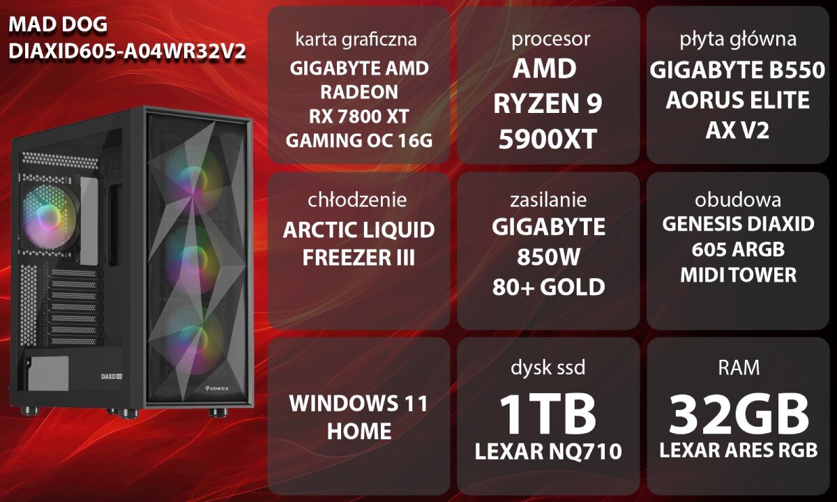 Komputer MAD DOG DIAXID605-A04WR32V2 R9-5900XT 32GB RAM 1TB SSD Radeon RX7800XT Wi-Fi Windows 11 Home wygląd opis