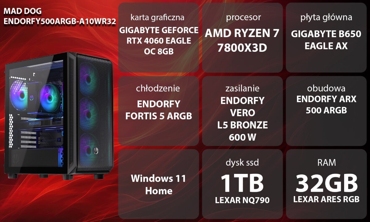 Komputer MAD DOG ENDORFY500ARGB-A10WR32 R7-7800X3D 32GB RAM 1TB SSD GeForce RTX4060 DLSS 3 Wi-Fi Windows 11 Home opis