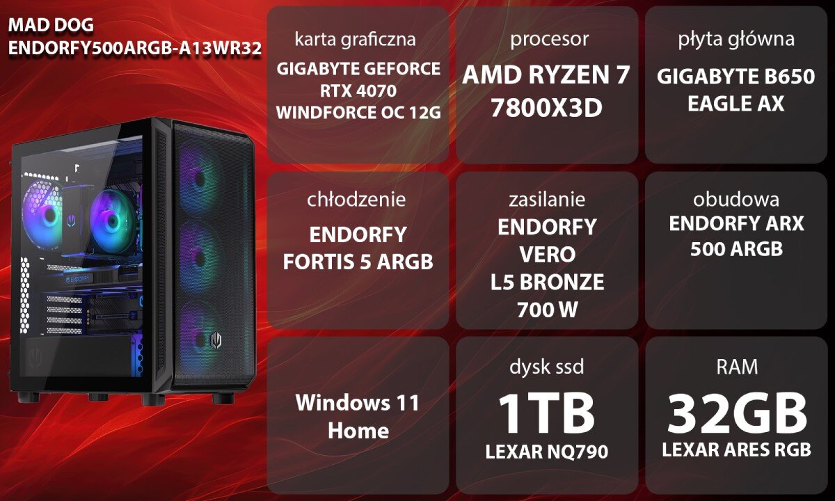 Komputer MAD DOG ENDORFY500ARGB-A13WR32 R7-7800X3D 32GB RAM 1TB SSD GeForce RTX4070 DLSS 3 Wi-Fi Windows 11 Home opis