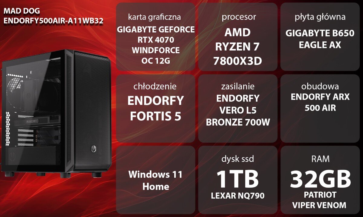 Komputer MAD DOG ENDORFY500AIR-A11WB32 R7-7800X3D 32GB RAM 1TB SSD GeForce RTX4070 DLSS 3 Wi-Fi Windows 11 Home opis