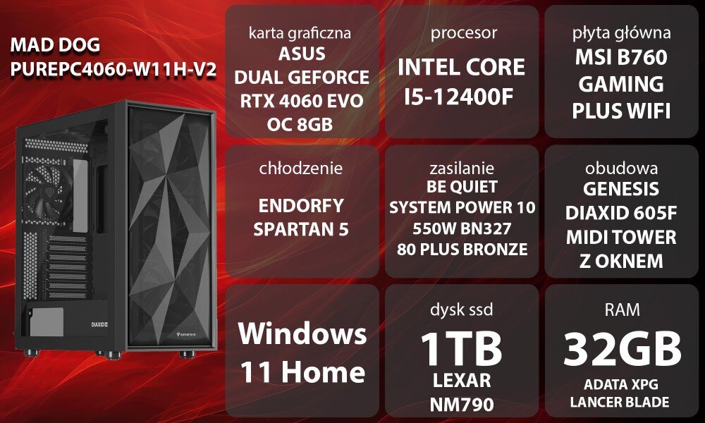 Komputer MAD DOG GeForce RTX4060 PurePC Edition 2 Windows 11 Home opis