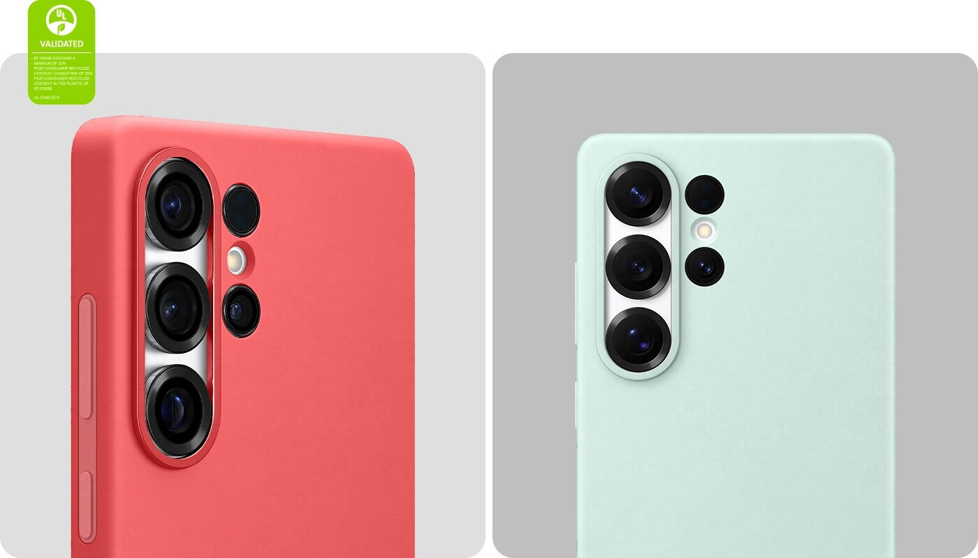 Dwa Galaxy S25 Ultra, z założonymi etui Silicone Case, z widocznymi tylnymi obiektywami aparatów. Jest używany do oglądania filmów w trybie poziomym. W lewym rogu widoczny jest znak walidacji ochrony środowiska UL Environmental Claim Validation Mark z napisem 'EF-GS938 ZAWIERA MINIMUM 7,1% MATERIAŁU POCHODZĄCEGO Z RECYKLINGU POKONSUMENCKIEGO, W TYM 19% MATERIAŁU POCHODZĄCEGO Z RECYKLINGU POKONSUMENCKIEGO W PLASTIKU EF-GS938. UL.COM/ECV'. Dwa Galaxy S25 Ultra, z założonymi etui Silicone Case, z widocznymi tylnymi obiektywami aparatów. Jest używany do oglądania filmów w trybie poziomym. W lewym rogu widoczny jest znak walidacji ochrony środowiska UL Environmental Claim Validation Mark z napisem 'EF-GS938 ZAWIERA MINIMUM 7,1% MATERIAŁU POCHODZĄCEGO Z RECYKLINGU POKONSUMENCKIEGO, W TYM 19% MATERIAŁU POCHODZĄCEGO Z RECYKLINGU POKONSUMENCKIEGO W PLASTIKU EF-GS938. UL.COM/ECV'.