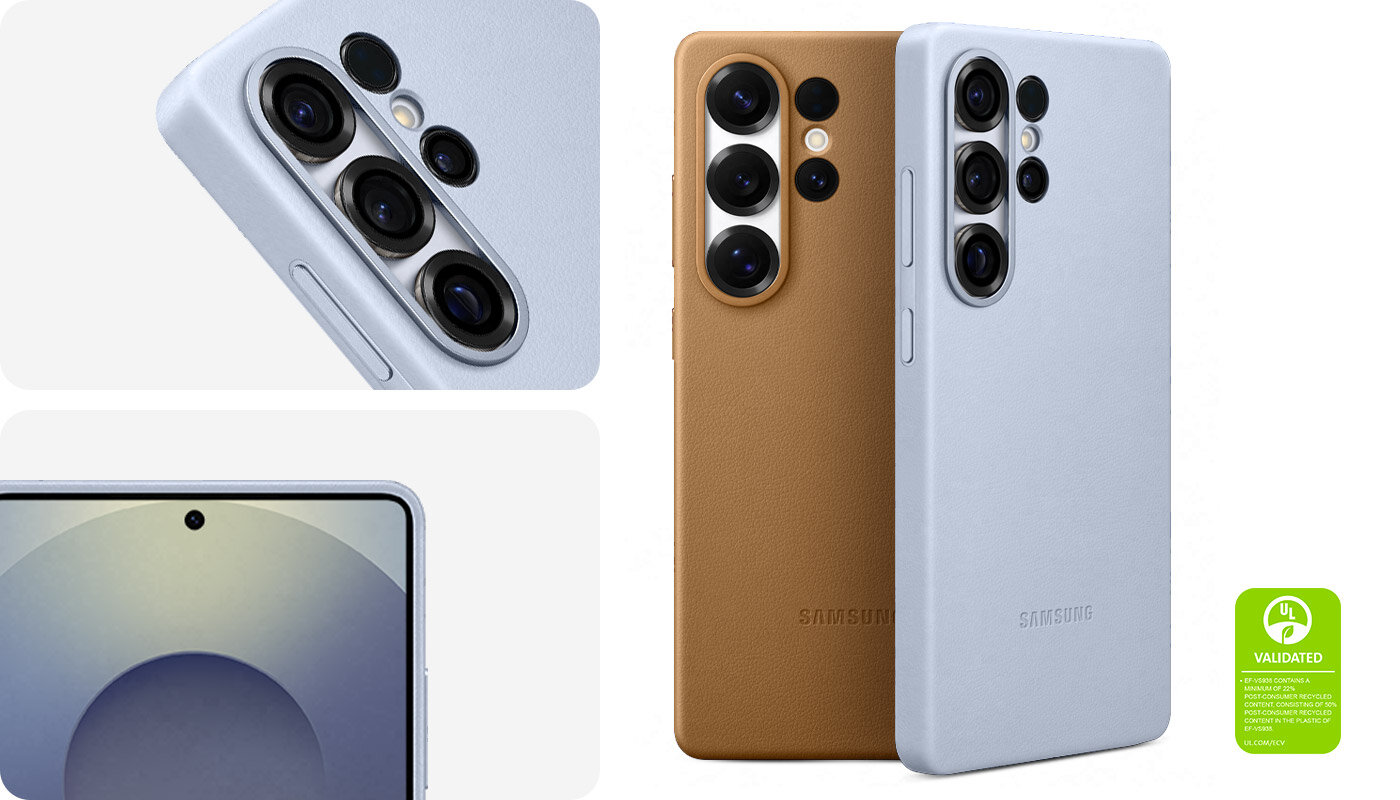 Galaxy S25 Ultra z założonym etui Kindsuit Case. Na ekranie widać wygaszacz ekranu. Drugi Galaxy S25 Ultra z założonym etui Kindsuit Case, pokazanym od górnej połowy pod kątem i umieszczonym po przekątnej. Dwa etui Kindsuit Case, każde założone na Galaxy S25 Ultra, są pokazane pionowo od tyłu. Są odpowiednio w kolorze szarym i złotym. Widoczny jest znak walidacji ochrony środowiska UL Environmental Claim Validation Mark z napisem 'EF-VS938 ZAWIERA MINIMUM 22% MATERIAŁU POCHODZĄCEGO Z RECYKLINGU POKONSUMENCKIEGO, W TYM 50% MATERIAŁU POCHODZĄCEGO Z RECYKLINGU POKONSUMENCKIEGO W PLASTIKU EF-VS938. UL.COM/ECV'.