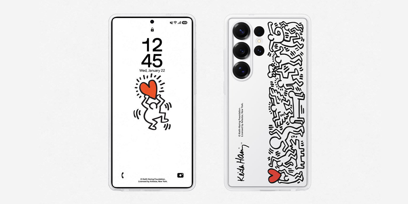 Dwa Galaxy S25 Ultra z założonymi etui Flipsuit Case. Jeden model pokazany od strony ekranu, a druga od tyłu, gdzie widać grafikę Keitha Haringa na etui.