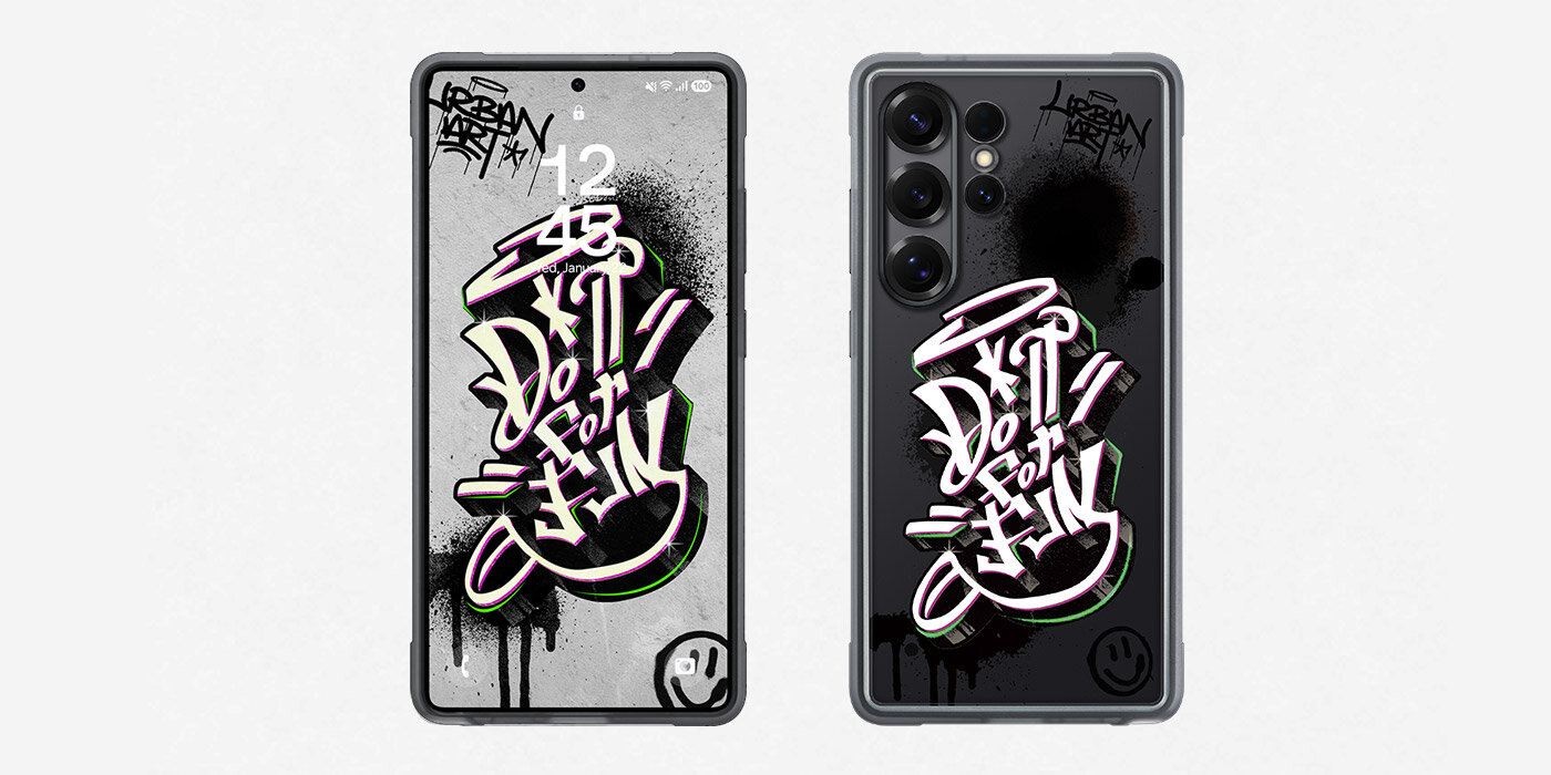 Etui Rugged Flipsuit Case założone na Galaxy S25 Ultra pokazane od przodu i od tyłu