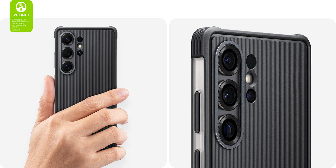 Ręka trzyma Galaxy S25 Ultra z założonym etui Rugged Case. Na innym zdjęciu ten sam smartfon i etui zostały sfotografowane z bliska, pokazując górną prawą stronę, gdzie znajdują się obiektywy. Widoczny jest znak walidacji ochrony środowiska UL Environmental Claim Validation Mark z napisem 'EF-RS938 ZAWIERA MINIMUM 9% ZAWARTOŚCI BIOLOGICZNEJ, TESTOWANE ZGODNIE Z NORMĄ ASTM D6866-22. UL.COM/ECV'.