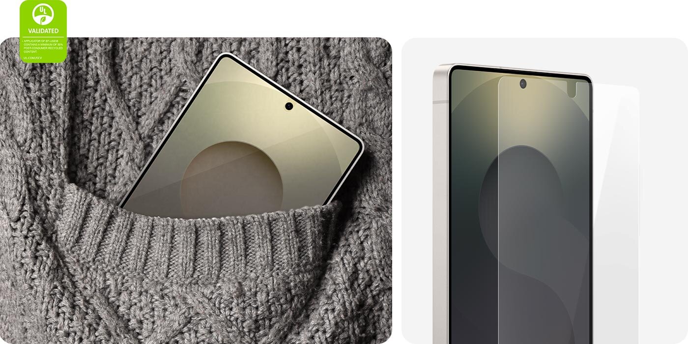 'Smartfon Galaxy S25 Ultra, z folią ochronną antyrefleksyjną na ekranie, jest wkładany do dzianinowej kieszeni. Drugi Galaxy S25 Ultra jest widziany w ujęciu z ekranu, lekko pod kątem, z folią ochronną antyrefleksyjną unoszącą się nad nim. W lewym dolnym rogu jest znak walidacji ochrony środowiska UL Environmental Claim Validation Mark z napisem: 'APLIKATOR MODELU EF-US938 ZAWIERA CO NAJMNIEJ 50% MATERIAŁÓW POCHODZĄCYCH Z RECYKLINGU POKONSUMENCKIEGO. UL.COM/ECV'. 'Smartfon Galaxy S25 Ultra, z folią ochronną antyrefleksyjną na ekranie, jest wkładany do dzianinowej kieszeni. Drugi Galaxy S25 Ultra jest widziany w ujęciu z ekranu, lekko pod kątem, z folią ochronną antyrefleksyjną unoszącą się nad nim. W lewym dolnym rogu jest znak walidacji ochrony środowiska UL Environmental Claim Validation Mark z napisem: 'APLIKATOR MODELU EF-US938 ZAWIERA CO NAJMNIEJ 50% MATERIAŁÓW POCHODZĄCYCH Z RECYKLINGU POKONSUMENCKIEGO. UL.COM/ECV'.