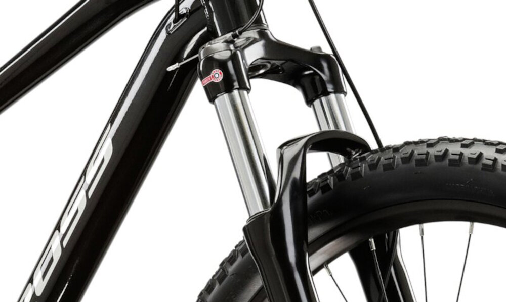 Rower górski MTB KROSS Hexagon 5.0 M17 27.5 cala męski Czarny zbliżenie na amortyzator rower typu hardtail przedni amortyzator marki SUNTOUR typu XCM RL ułatwia najeżdżanie na przeszkody niweluje wstrząsy niska masa roweru duża sztywność regulacja za pomocą sprężyny obsługa poprzez manetki