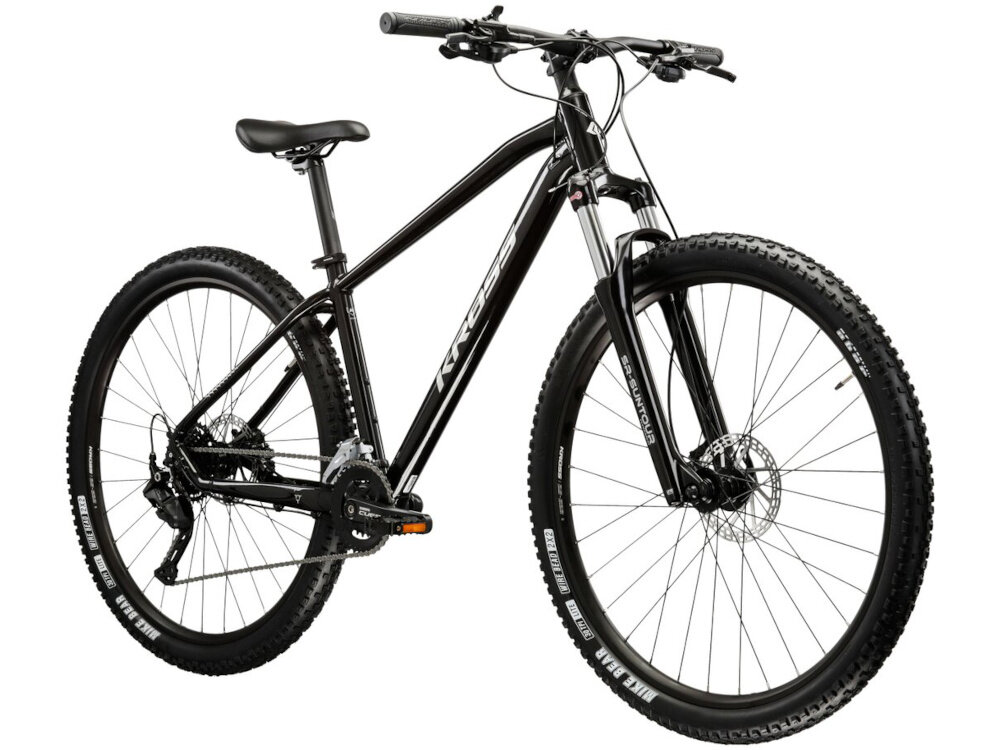 Rower górski MTB KROSS Hexagon 5.0 M15 27.5 cala męski Czarny rower na białym tle widoczny od przodu pod skosem środek codziennego transportu relaks pasja uniwersalność