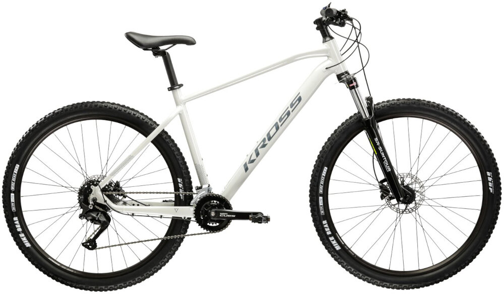 Rower górski MTB KROSS Hexagon 5.0 M15 27.5 cala męski Szary rower na białym tle widoczny z boku specjalne gwinty możliwość przymocowania uchwytu na bidon